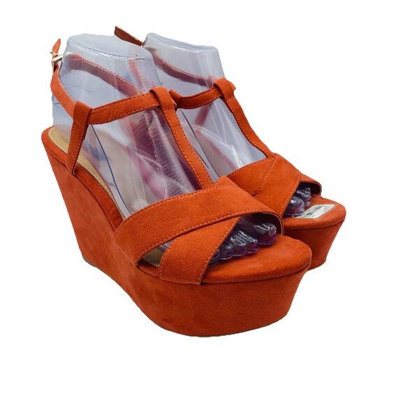 Forever 21 Shoes Womens Size 9 Orange Faux Suede Wedges Heels Sandals T-Starp - Picture 1 of 12